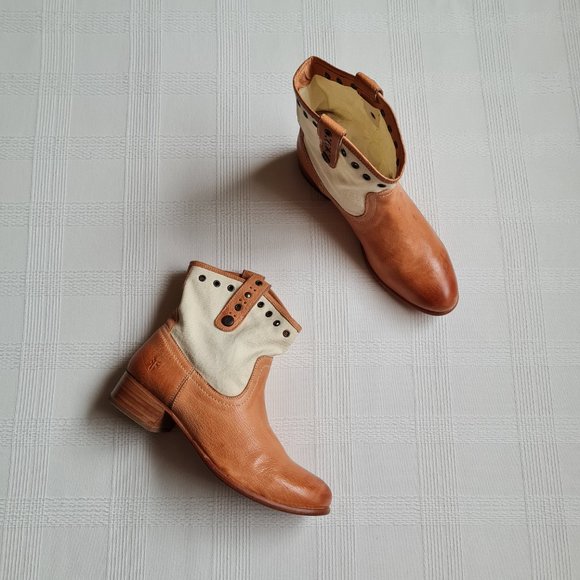 Frye Shoes - Frye Ankle Boots Canvas Grommet Amelia Short Leather Pull On Equestrian Western